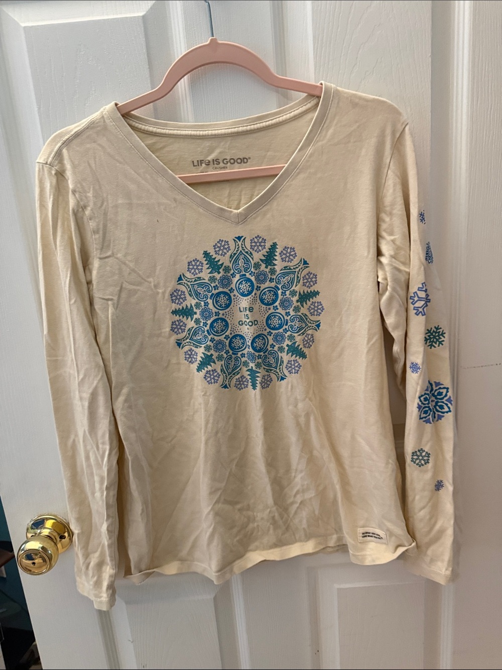 Life Is Good Cream Long-Sleeve V-Neck Top with Blue Medallion Print